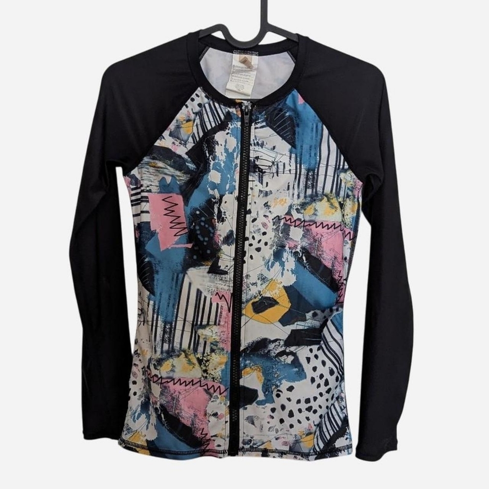 Volcolm 'Collage Dropout' Abstract Print Zip Up Rashguard Extra Small Swimwear